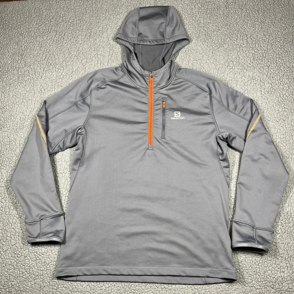 Salomon ActiTherm Mens Large Grey 1/4 Zip Hooded Pullover Jacket Orange Trim
